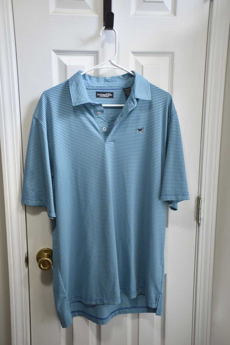 Southern Charm Clothing Striped Polo Shirt Blue Green Dog Logo Size L LSC364